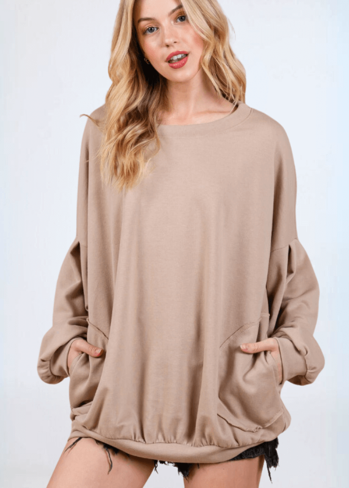 Made in USA Women's Cotton Blend French Terry Oversized Solid Knit Sweatshirt with Side Pockets, Longer Length, Medium Weight in Mocha Beige | Classy Cozy Cool Made in America Boutique