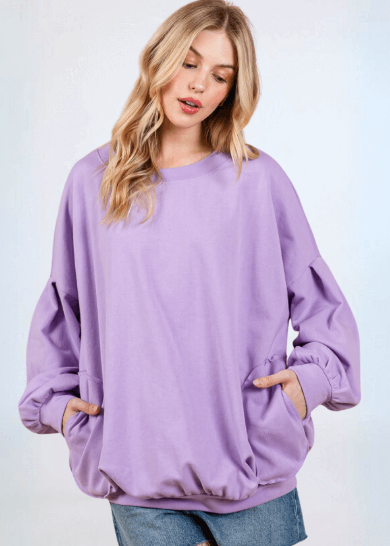 Made in USA Women's Cotton Blend French Terry Oversized Solid Knit Sweatshirt with Side Pockets, Longer Length, Medium Weight in Lavender | Classy Cozy Cool Made in America Boutique