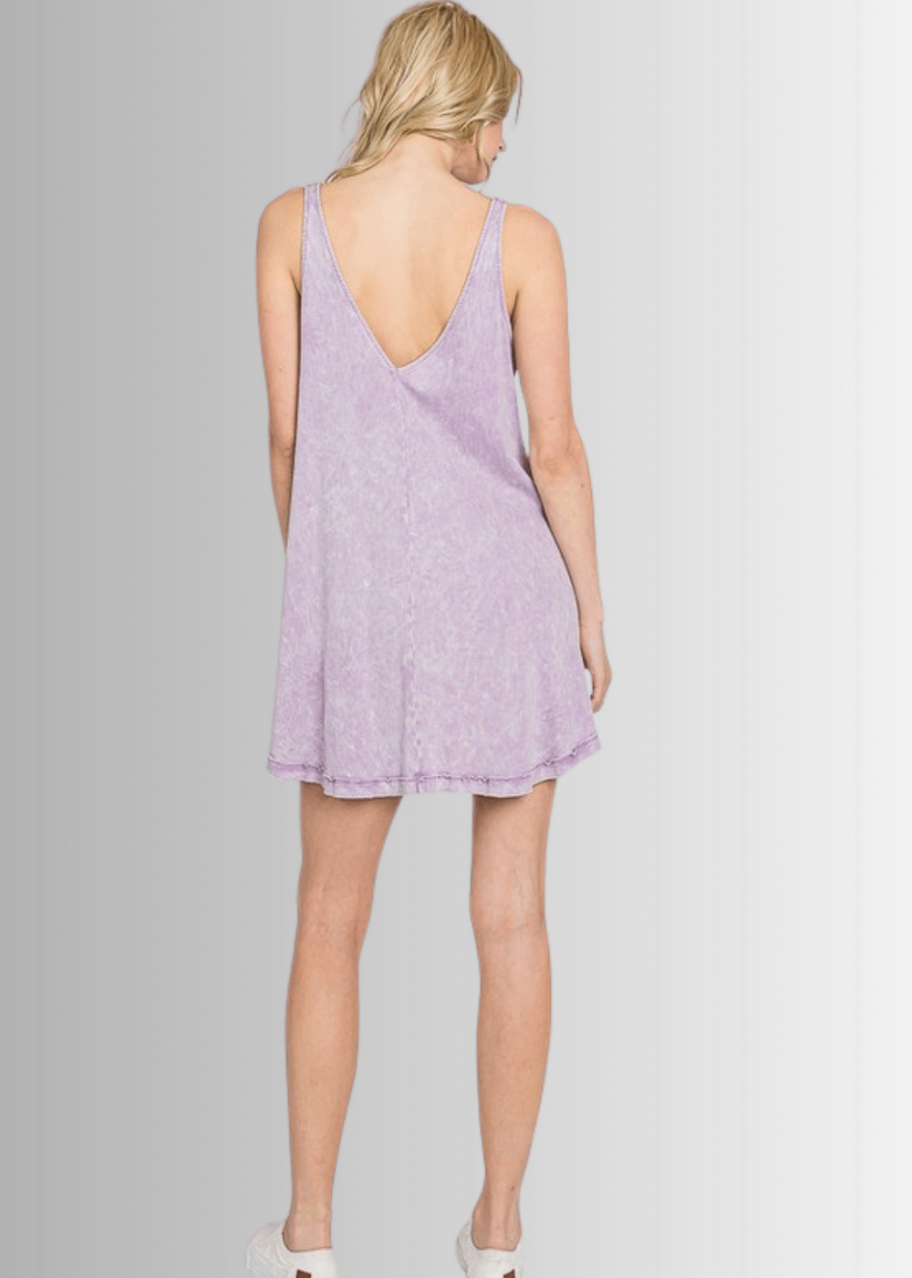 USA Made Women's Breathable Cotton Mineral Washed Sleeveless Mini Tank Dress with Double V-Neck in Lavender | Classy Cozy Cool Made in America Boutique
