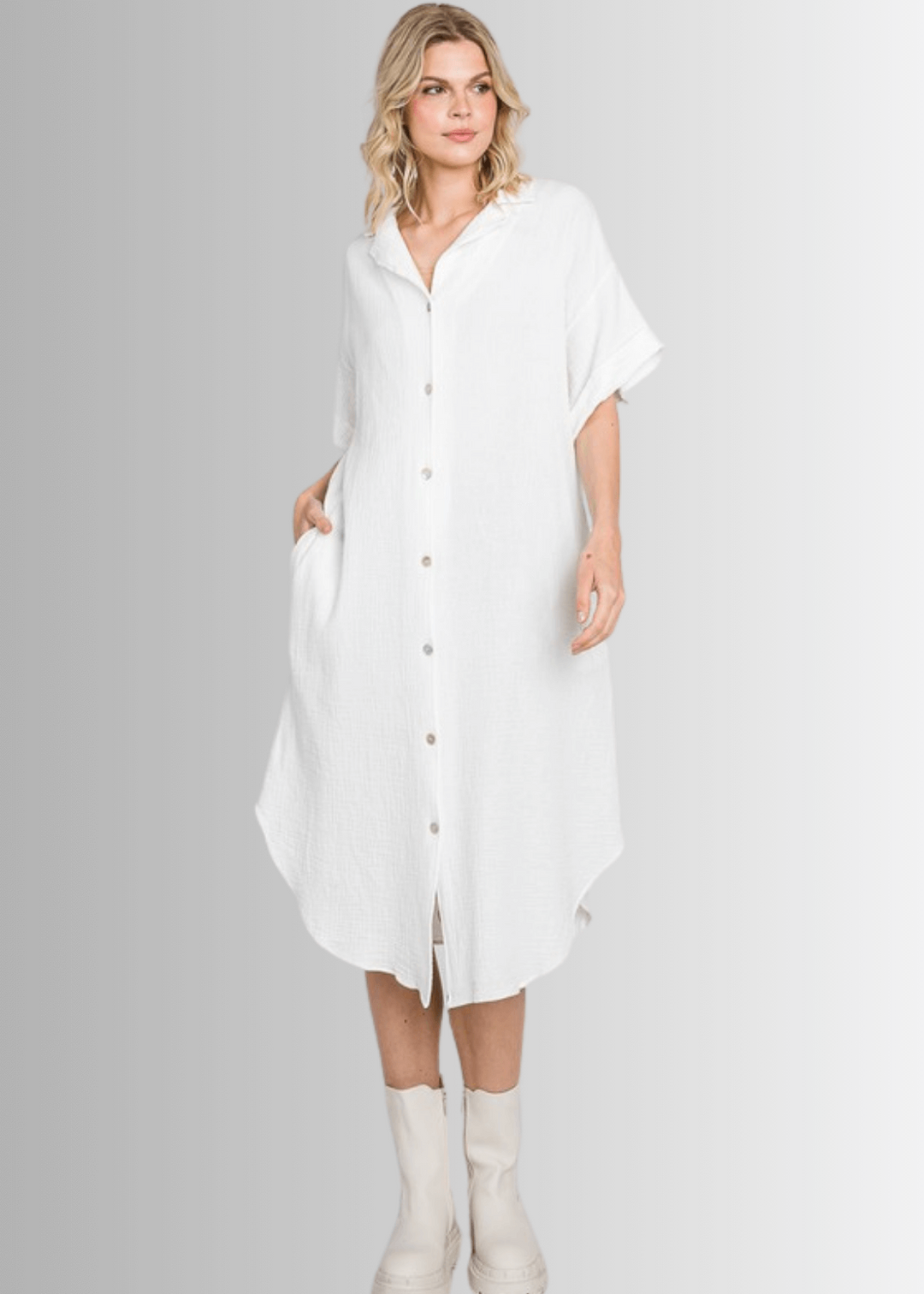 USA Made Women's Soft Garment Washed Gauze Off White Oversized Cotton Button Down Shirt Dress with Short Sleeves & Side Pockets | Classy Cozy Cool Made in America Boutique