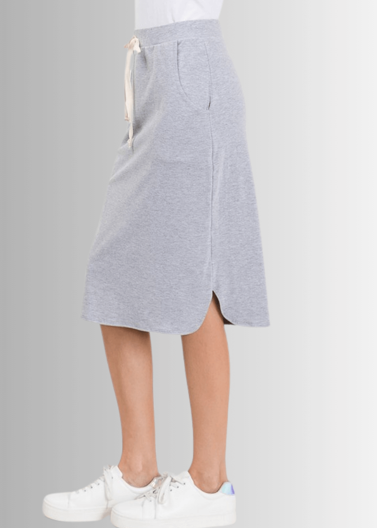 Look stylish and feel comfortable in this USA-made Casual Cotton Knee Length Skirt in Heather Gray | Classy Cozy Cool Women&