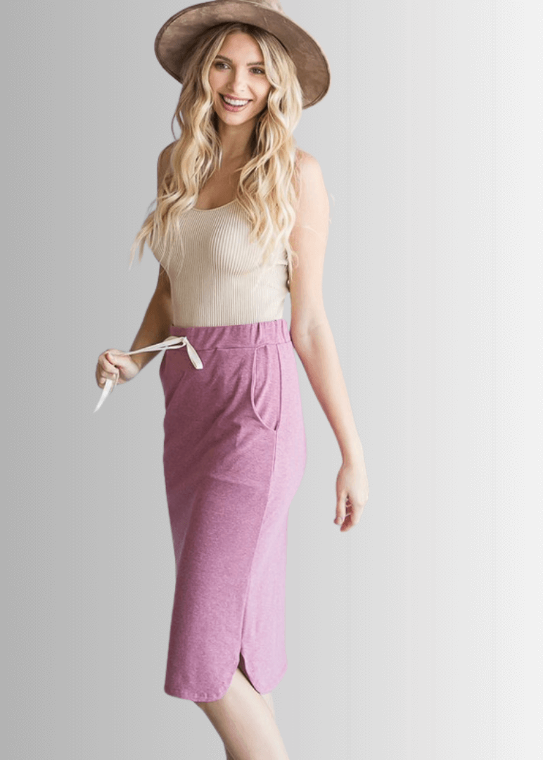 Look stylish and feel comfortable in this USA-made Casual Cotton Knee Length Skirt in Heather Marsala | Classy Cozy Cool Women&