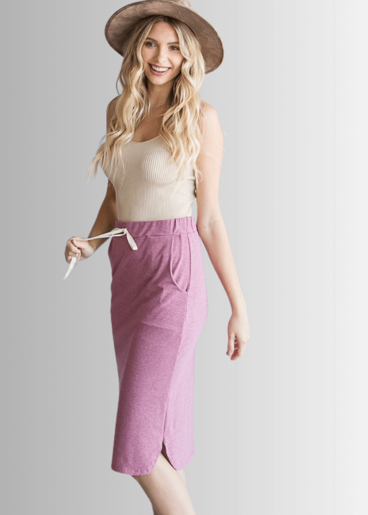 Look stylish and feel comfortable in this USA-made Casual Cotton Knee Length Skirt in Heather Marsala | Classy Cozy Cool Women&