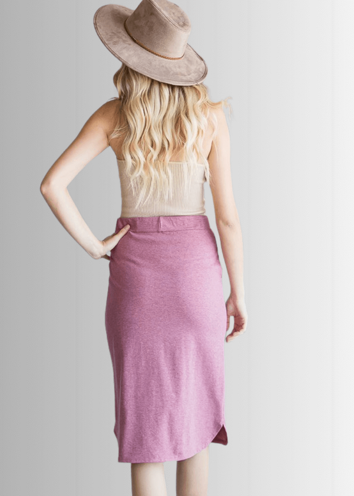 Look stylish and feel comfortable in this USA-made Casual Cotton Knee Length Skirt in Heather Marsala | Classy Cozy Cool Women&