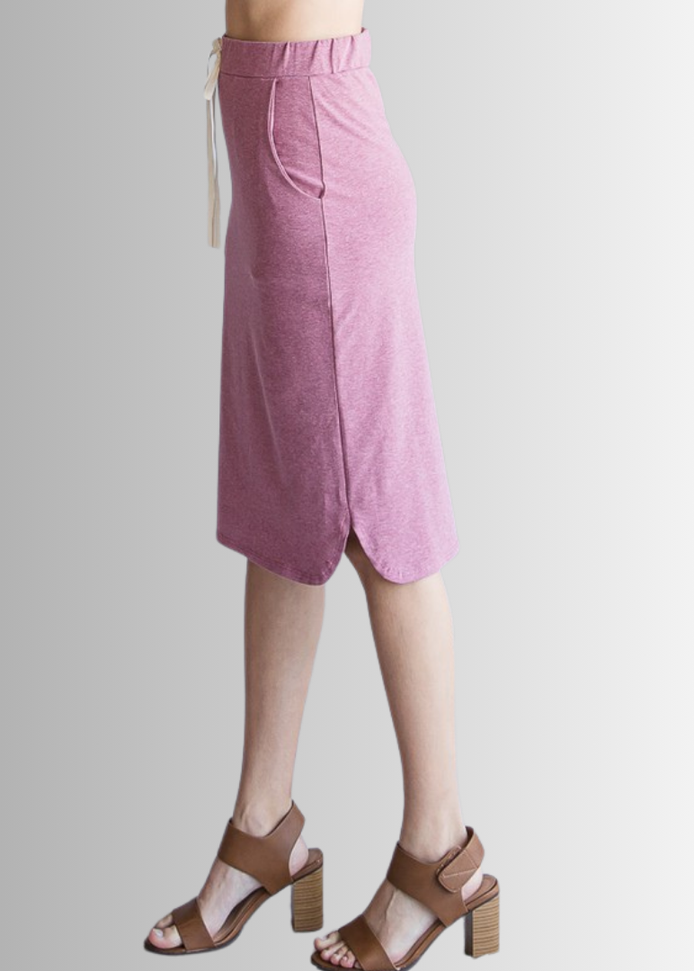 Look stylish and feel comfortable in this USA-made Casual Cotton Knee Length Skirt in Heather Marsala | Classy Cozy Cool Women&