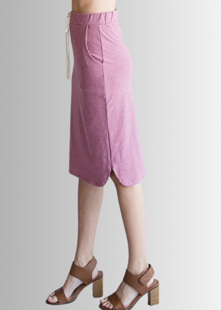 Look stylish and feel comfortable in this USA-made Casual Cotton Knee Length Skirt in Heather Marsala | Classy Cozy Cool Women&