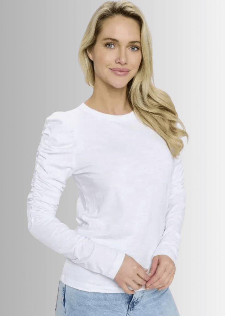 Ladies USA Made Cotton Solid Long Puff Sleeve Fitted Top in White | Renee C Style