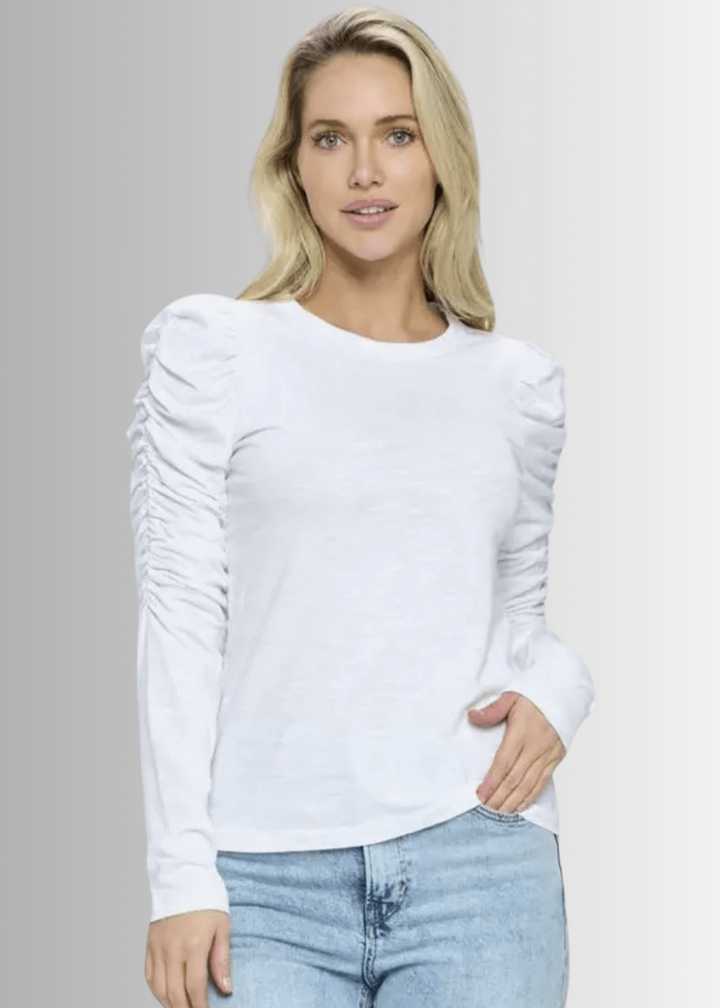 Ladies USA Made Cotton Solid Long Puff Sleeve Fitted Top in White | Renee C Style