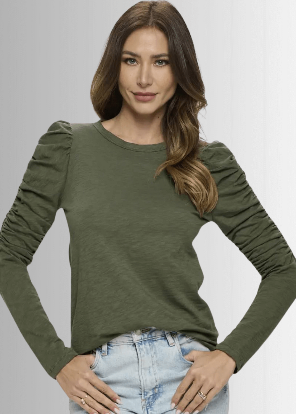 Ladies USA Made Cotton Solid Long Puff Sleeve Fitted Top in Olive | Renee C Style# 4355TP | Classy Cozy Cool Women's Made in America Clothing Boutique