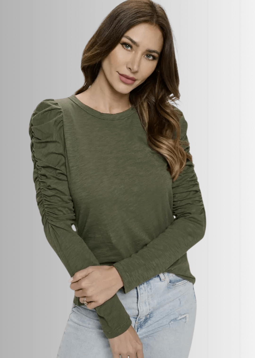 Ladies USA Made Cotton Solid Long Puff Sleeve Fitted Top in Olive | Renee C Style