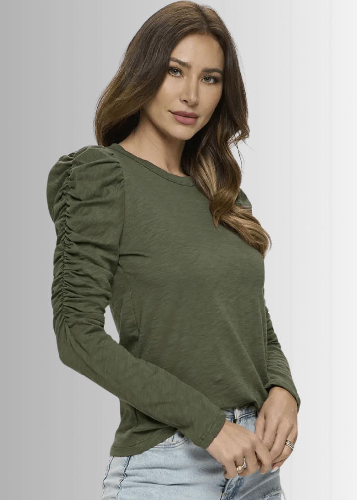 Ladies USA Made Cotton Solid Long Puff Sleeve Fitted Top in Olive | Renee C Style