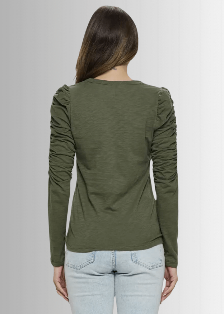 Ladies USA Made Cotton Solid Long Puff Sleeve Fitted Top in Olive | Renee C Style
