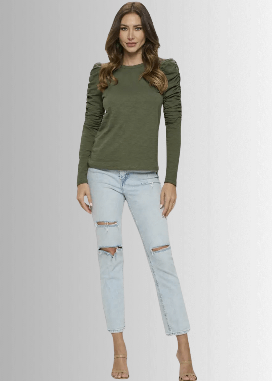 Ladies USA Made Cotton Solid Long Puff Sleeve Fitted Top in Olive | Renee C Style