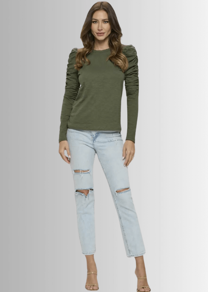 Ladies USA Made Cotton Solid Long Puff Sleeve Fitted Top in Olive | Renee C Style