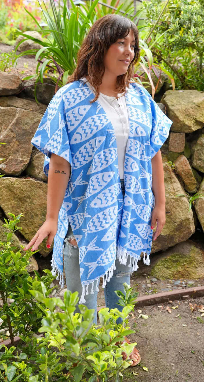 Shop the Beachables Mid Length Cover-Up — handcrafted in the USA from soft Turkish Cotton. Knee-length, tassel hem, vibrant stripes. Perfect for beach, resort & vacation.