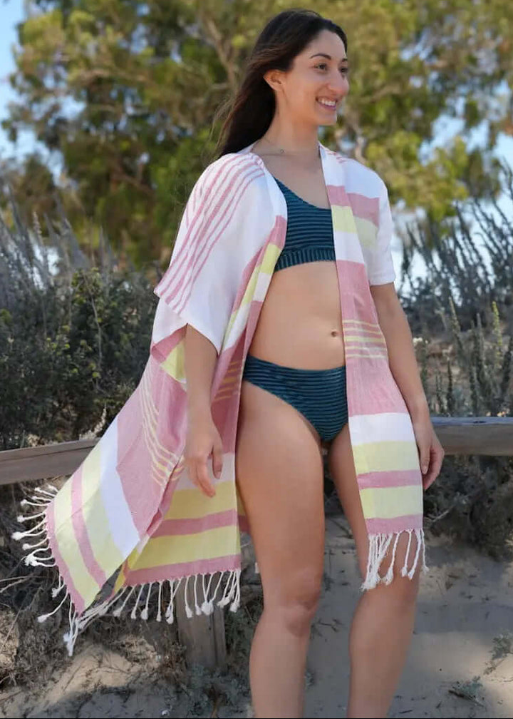 Shop the Beachables Mid Length Cover-Up — handcrafted in the USA from soft Turkish Cotton. Knee-length, tassel hem, vibrant stripes. Perfect for beach, resort &amp; vacation.