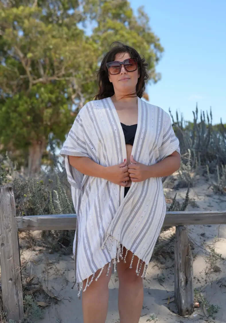 Shop the Beachables Mid Length Cover-Up — handcrafted in the USA from soft Turkish Cotton. Knee-length, tassel hem, vibrant stripes. Perfect for beach, resort &amp; vacation.