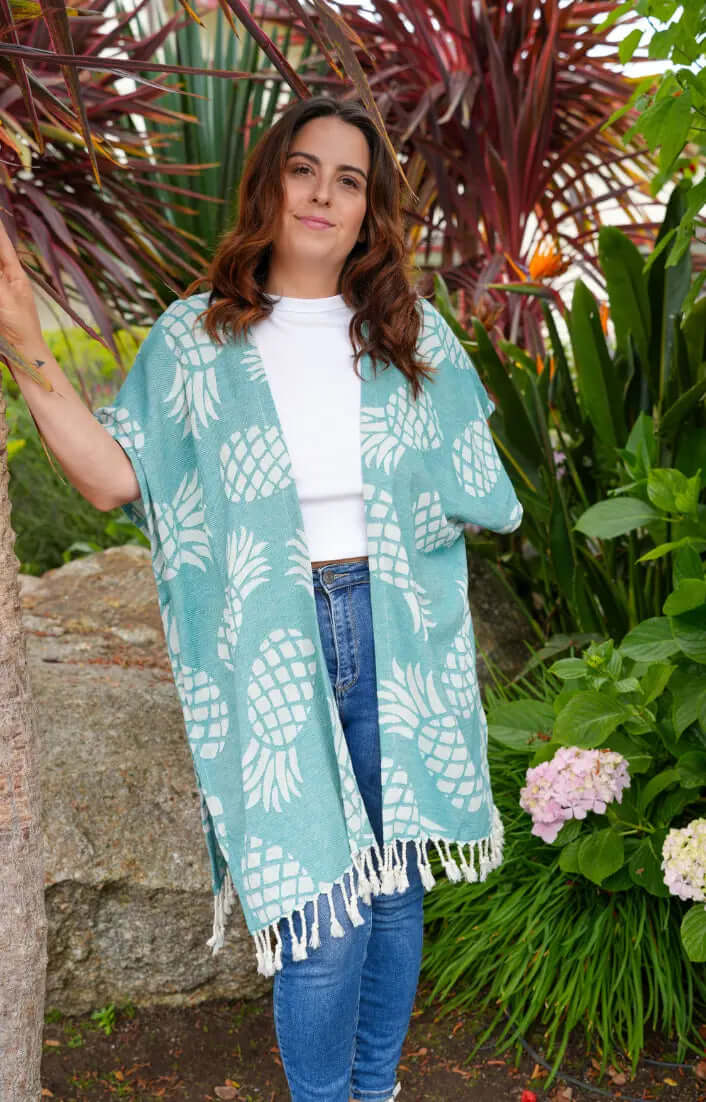 Shop the Beachables Mid Length Cover-Up — handcrafted in the USA from soft Turkish Cotton. Knee-length, tassel hem, vibrant stripes. Perfect for beach, resort &amp; vacation.