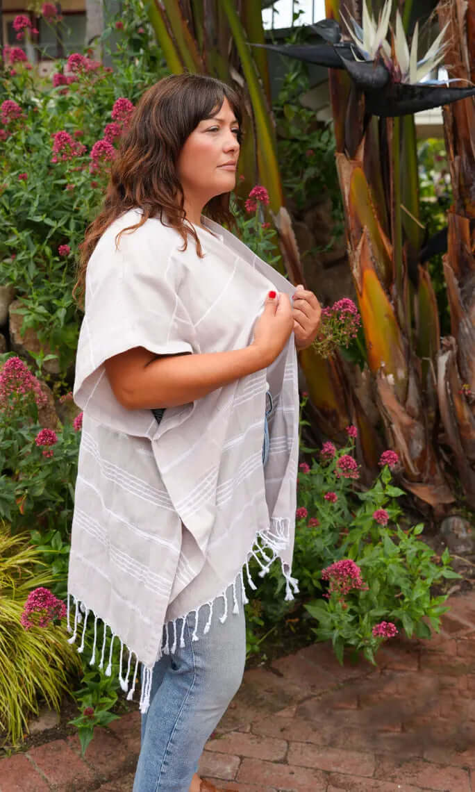Shop the Beachables Mid Length Cover-Up — handcrafted in the USA from soft Turkish Cotton. Knee-length, tassel hem, vibrant stripes. Perfect for beach, resort &amp; vacation.