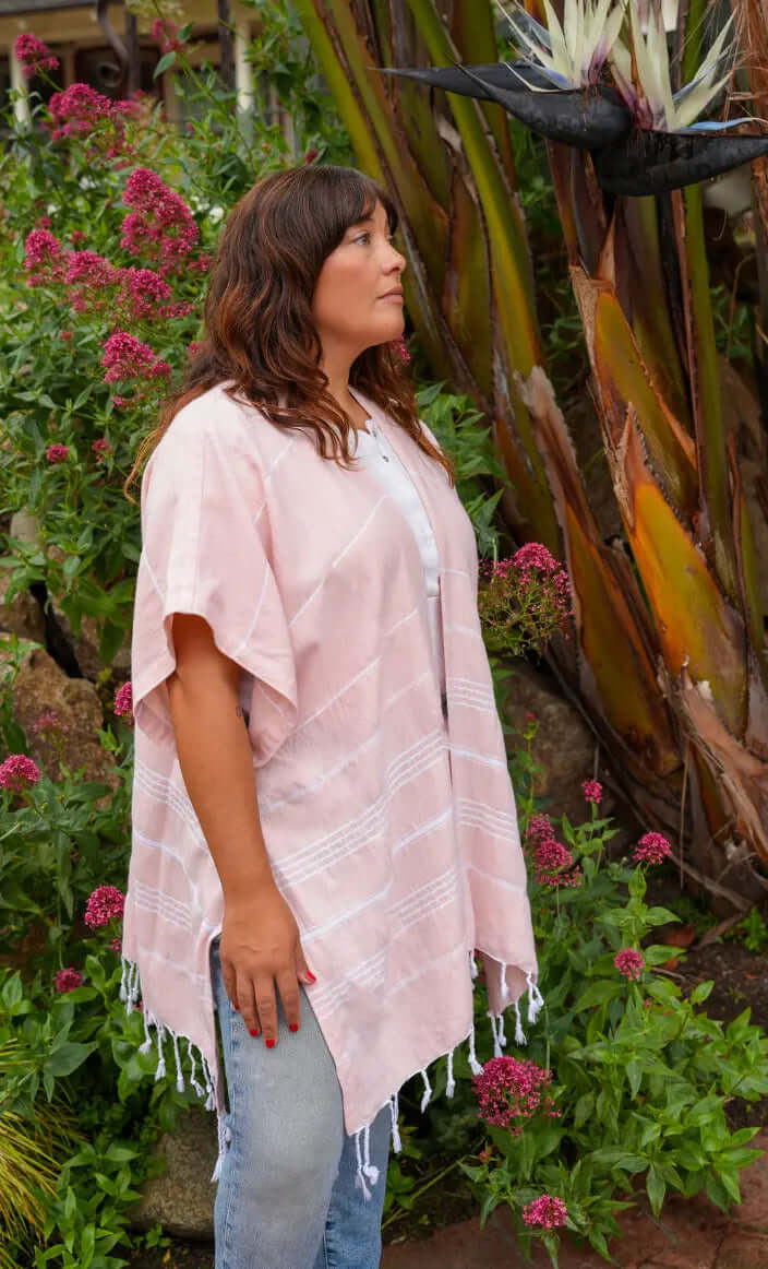 Shop the Beachables Mid Length Cover-Up — handcrafted in the USA from soft Turkish Cotton. Knee-length, tassel hem, vibrant stripes. Perfect for beach, resort &amp; vacation.