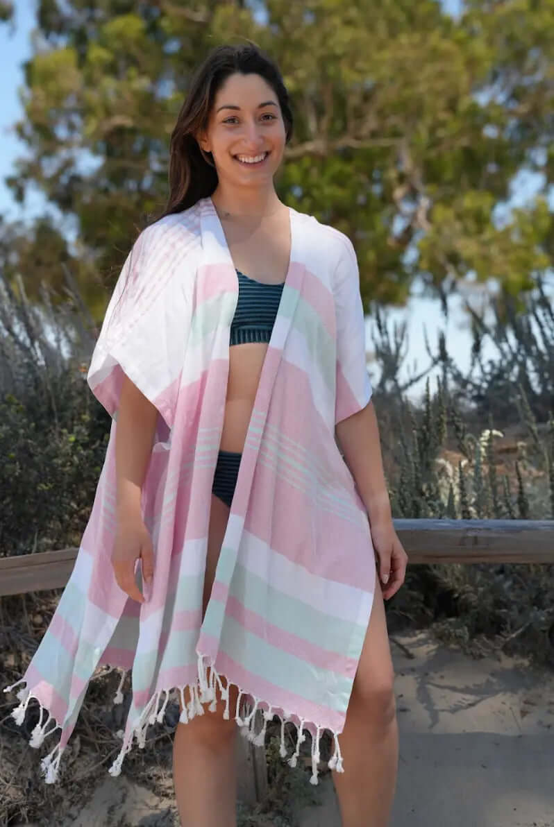 Shop the Beachables Mid Length Cover-Up — handcrafted in the USA from soft Turkish Cotton. Knee-length, tassel hem, vibrant stripes. Perfect for beach, resort &amp; vacation.