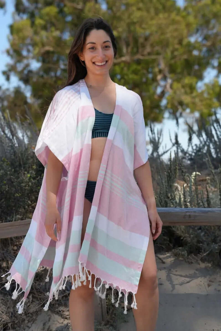 Shop the Beachables Mid Length Cover-Up — handcrafted in the USA from soft Turkish Cotton. Knee-length, tassel hem, vibrant stripes. Perfect for beach, resort &amp; vacation.