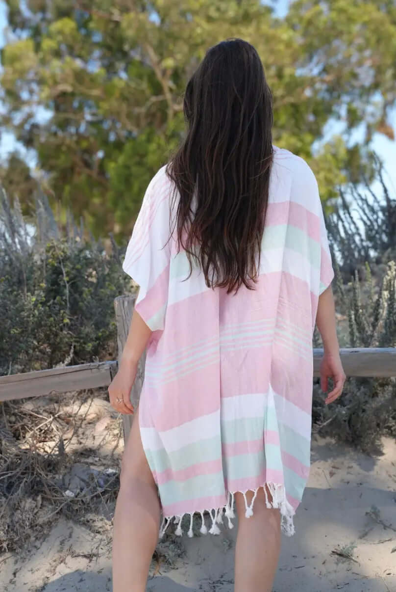 Shop the Beachables Mid Length Cover-Up — handcrafted in the USA from soft Turkish Cotton. Knee-length, tassel hem, vibrant stripes. Perfect for beach, resort &amp; vacation.