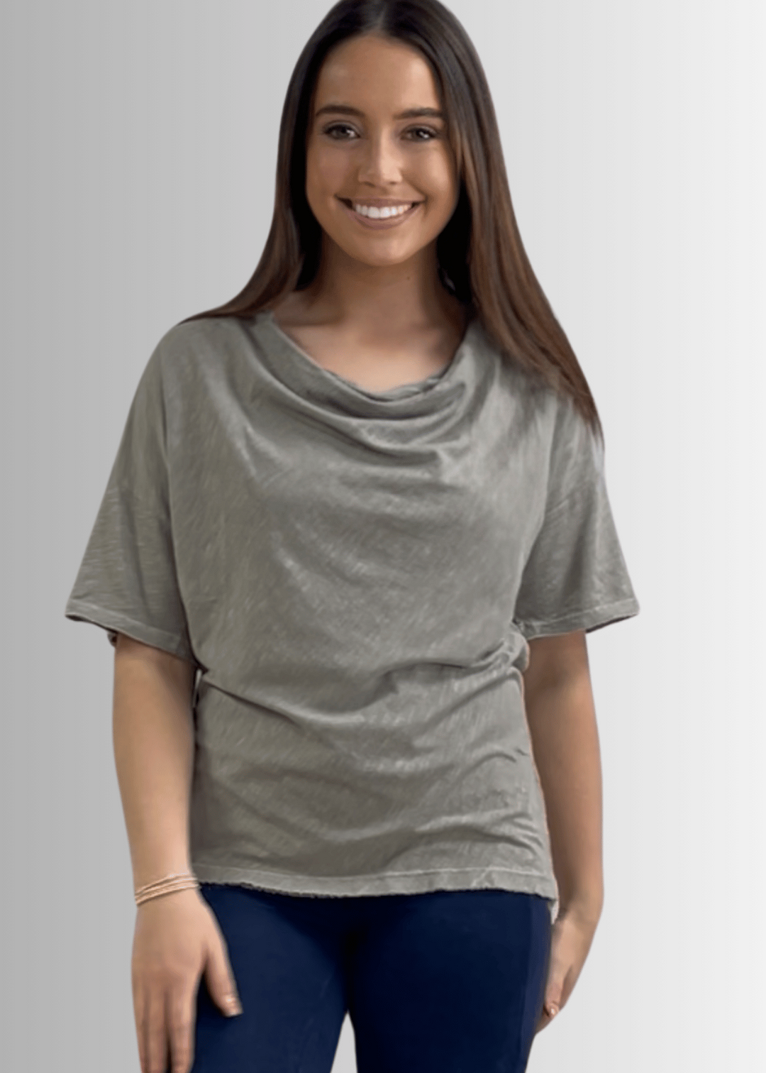 Made in USA, Women's Relaxed Fit Cotton Cowl Neck Mineral Washed Lightweight T-Shirt in Stone | Classy Cozy Cool Made in America Boutique