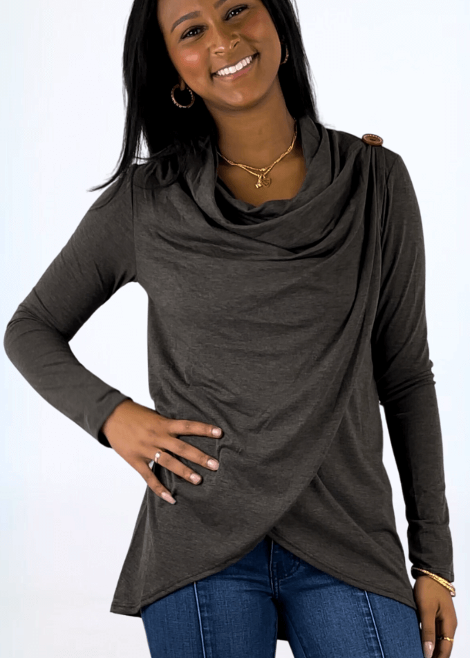 Made in USA Women's Cowl Neck Draped Front Sweater Top, Long Sleeves, High Low Length, Shoulder Button Detail, Available in Charcoal Grey and Taupe | Classy Cozy Cool Made in America Boutique