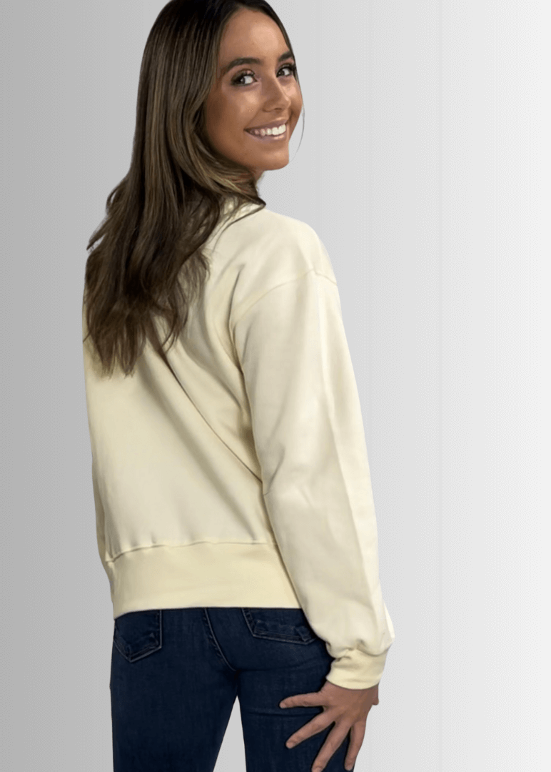 Made in USA Women's Cream Crew Neck Fleece Sweatshirt with God Bless USA Graphic, Heavyweight Cotton Fleece, Drop Shoulder, Relaxed Fit