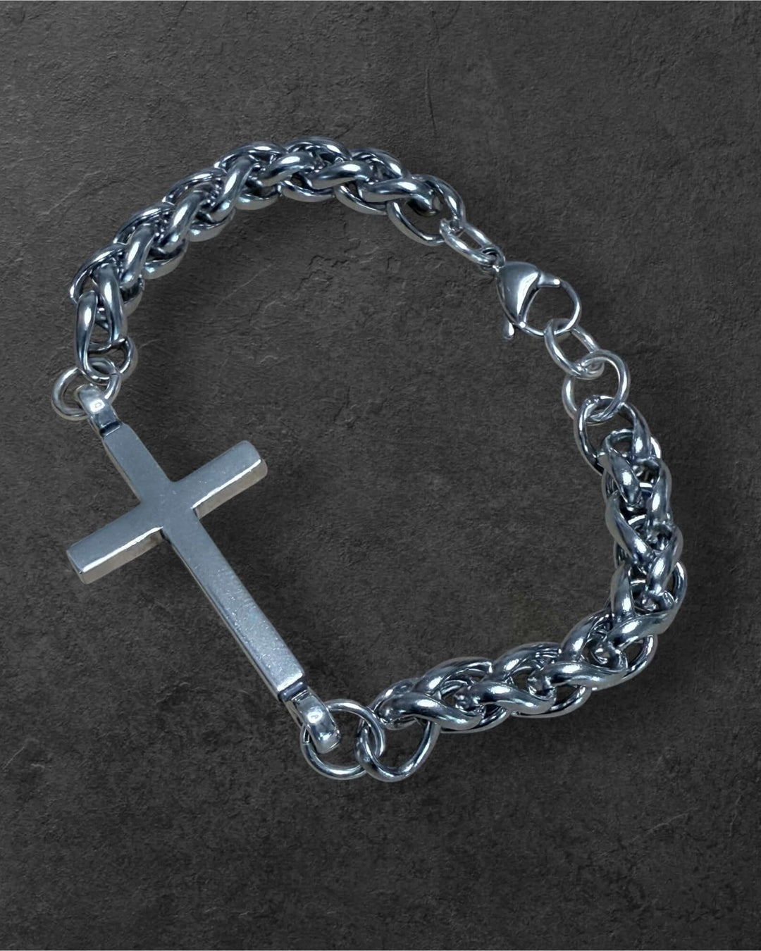 Handcrafted solid sterling silver cross bracelet on a 4mm or 8mm stainless steel wheat chain. Unisex. Made in USA with a lifetime warranty