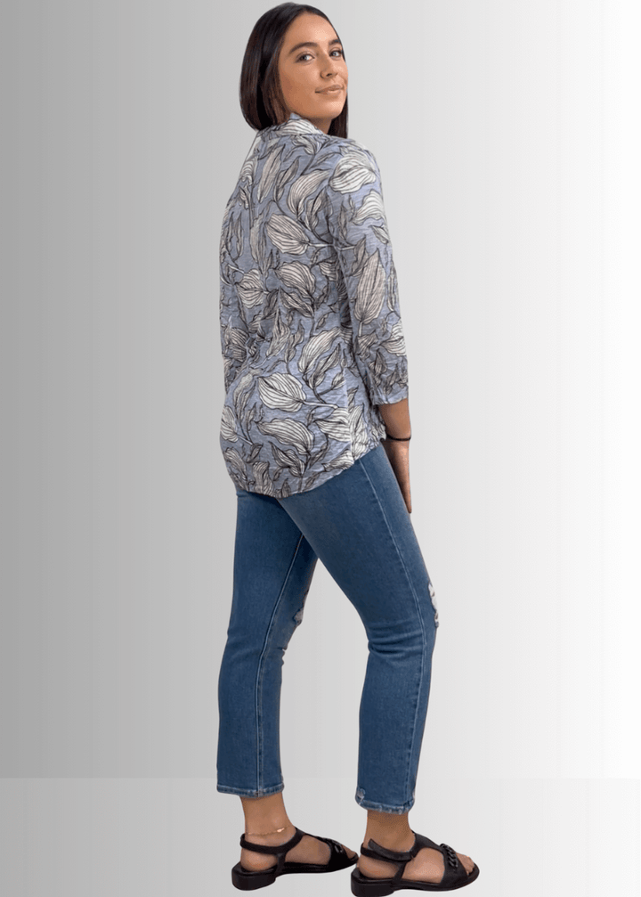 David Cline Blue Floral Rhinestone Embellished Snap Down Crushed Texture Collared Shirt | Made in USA | Women&