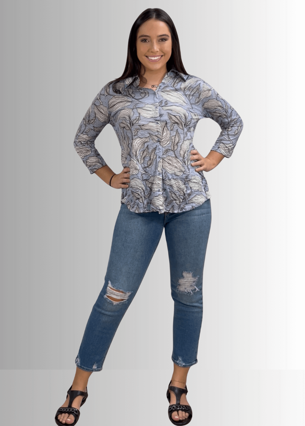 David Cline Blue Floral Rhinestone Embellished Snap Down Crushed Texture Collared Shirt | Made in USA | Women&
