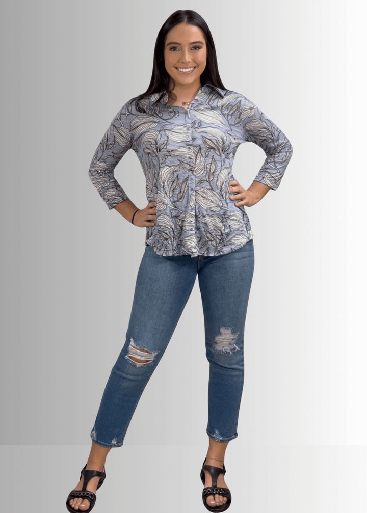 David Cline Blue Floral Rhinestone Embellished Snap Down Crushed Texture Collared Shirt | Made in USA | Women&