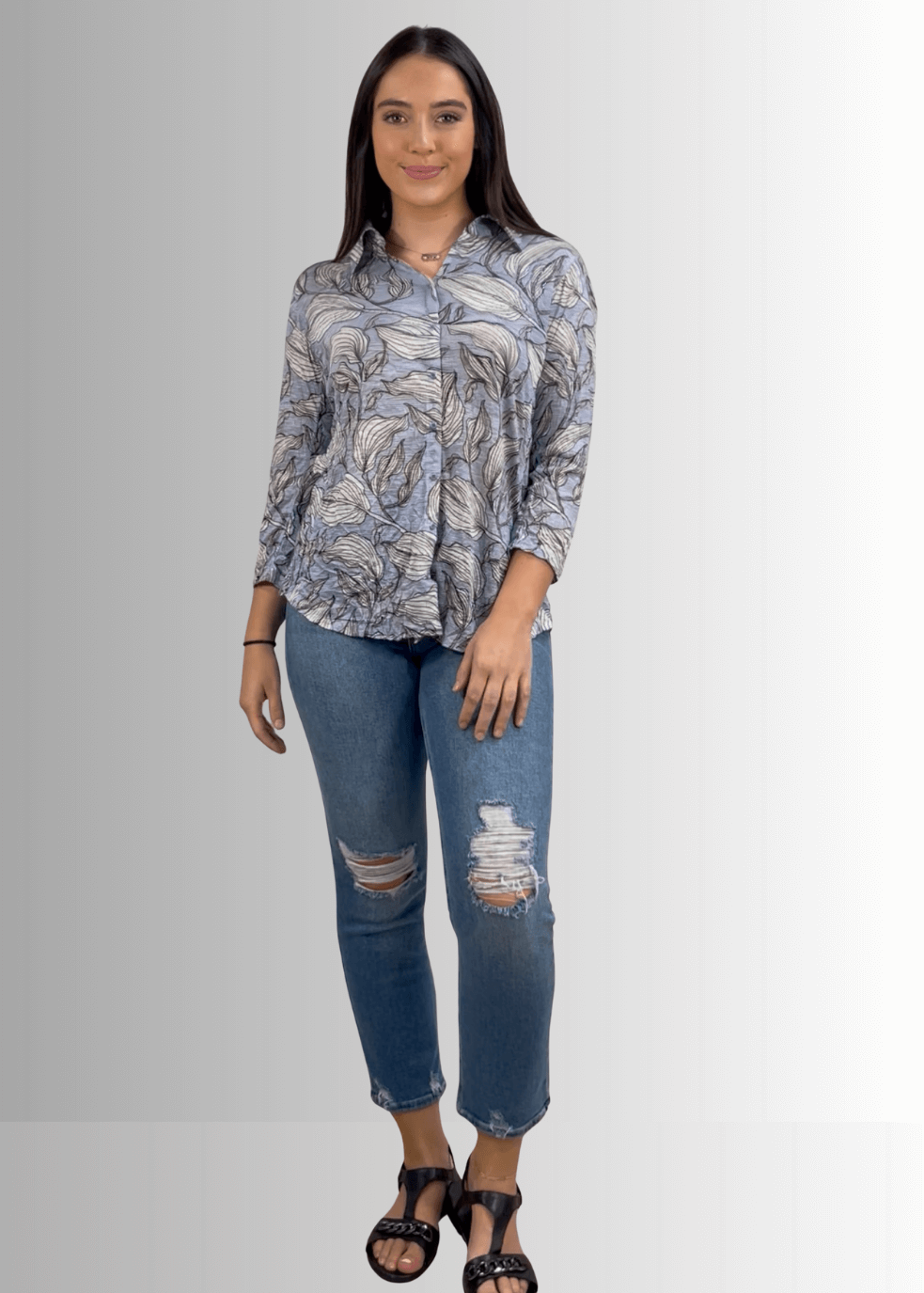 David Cline Blue Floral Rhinestone Embellished Snap Down Crushed Texture Collared Shirt | Made in USA | Women&