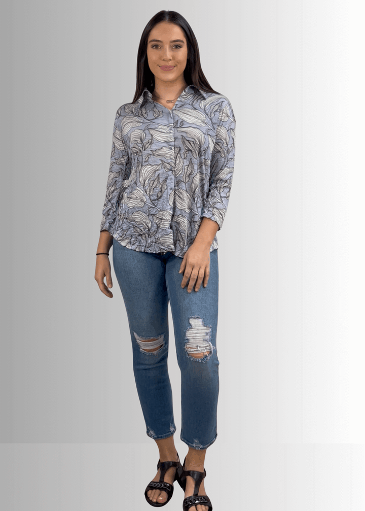 David Cline Blue Floral Rhinestone Embellished Snap Down Crushed Texture Collared Shirt | Made in USA | Women&