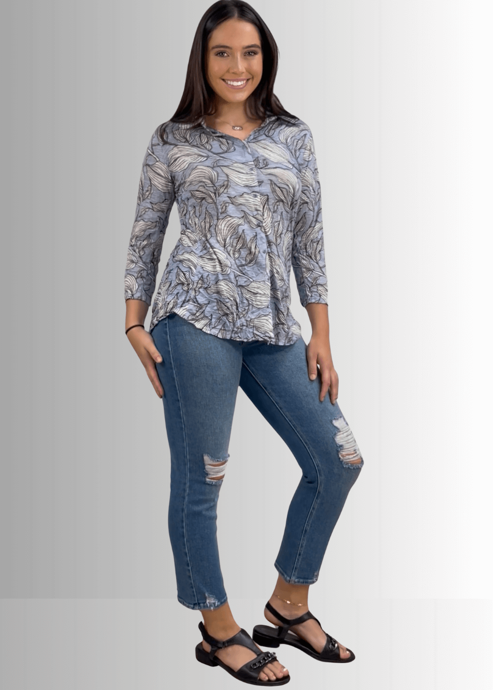 David Cline Blue Floral Rhinestone Embellished Snap Down Crushed Texture Collared Shirt | Made in USA | Women&