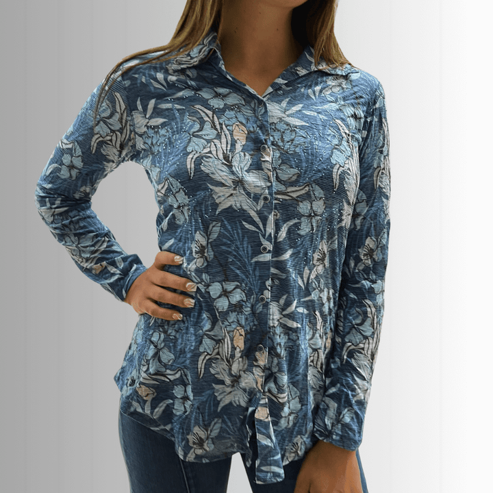 David Cline Blue Floral Rhinestone Embellished Snap Down Crushed Texture Collared Shirt | Made in USA | Women&