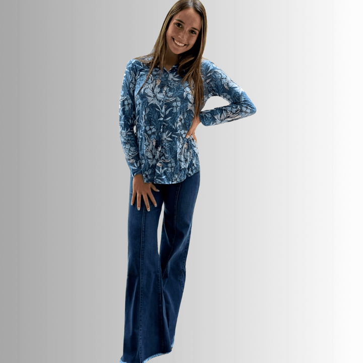 David Cline Blue Floral Rhinestone Embellished Snap Down Crushed Texture Collared Shirt | Made in USA | Women&