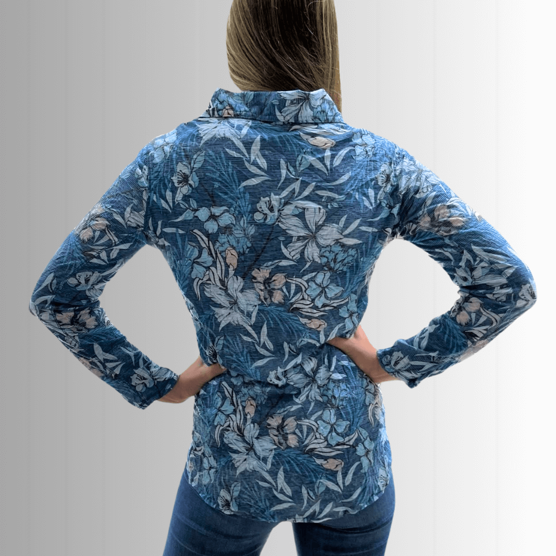 David Cline Blue Floral Rhinestone Embellished Snap Down Crushed Texture Collared Shirt | Made in USA | Women&