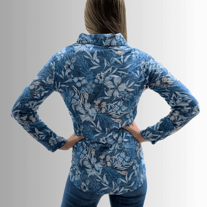 David Cline Blue Floral Rhinestone Embellished Snap Down Crushed Texture Collared Shirt | Made in USA | Women&