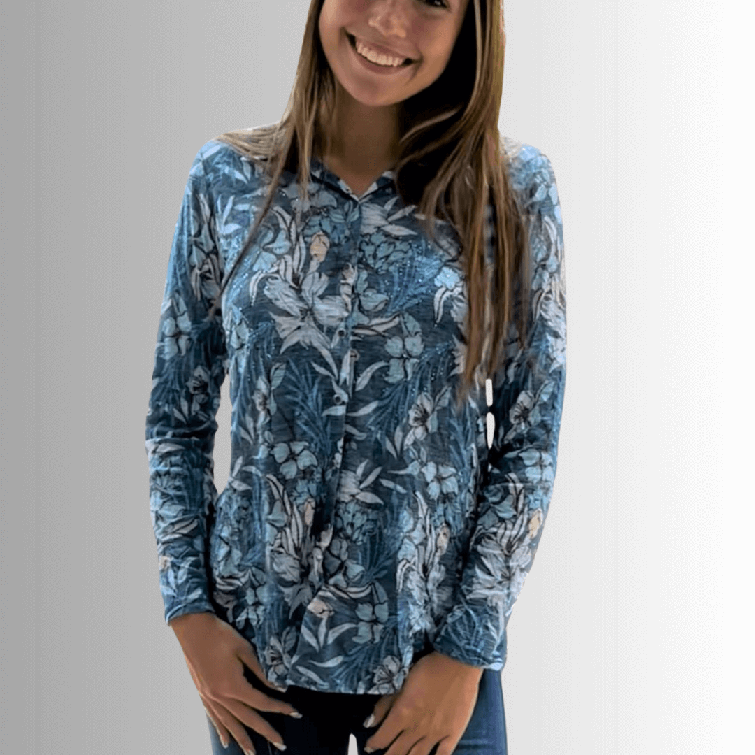 David Cline Blue Floral Rhinestone Embellished Snap Down Crushed Texture Collared Shirt | Made in USA | Women&