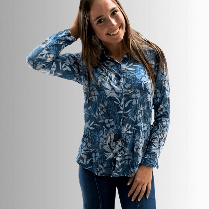 David Cline Blue Floral Rhinestone Embellished Snap Down Crushed Texture Collared Shirt | Made in USA | Women&
