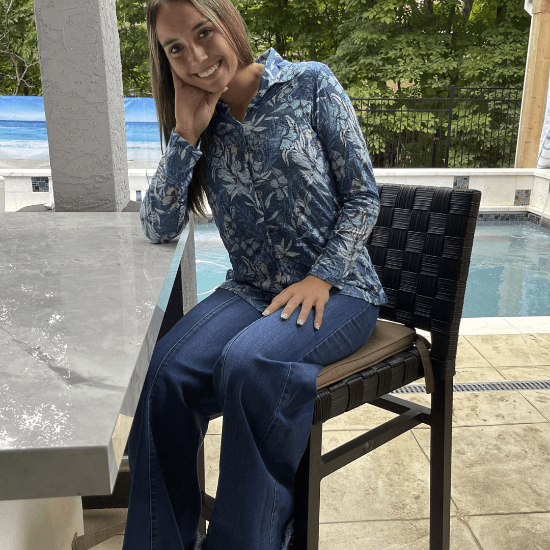 David Cline Blue Floral Rhinestone Embellished Snap Down Crushed Texture Collared Shirt | Made in USA | Women&