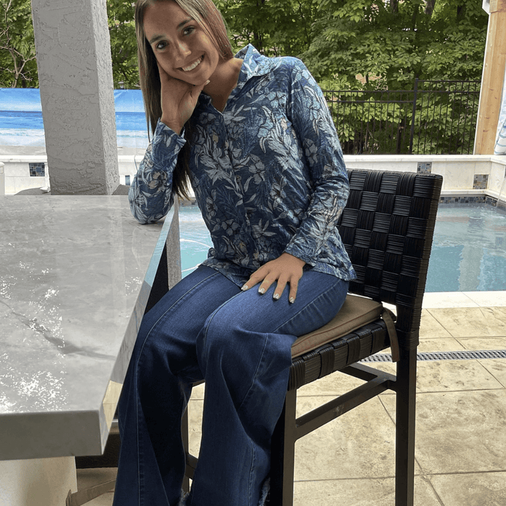 David Cline Blue Floral Rhinestone Embellished Snap Down Crushed Texture Collared Shirt | Made in USA | Women&