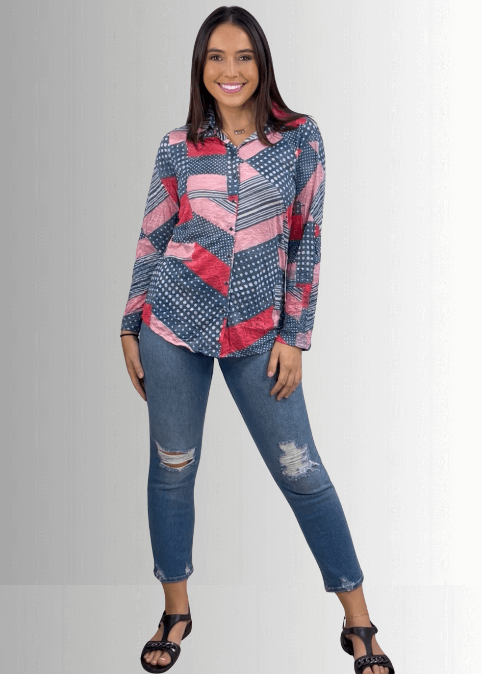 David Cline Patriotic Red, White &amp; Blue Snap Down Crushed Texture Collared Shirt | Made in USA | Classy Cozy Cool Women&