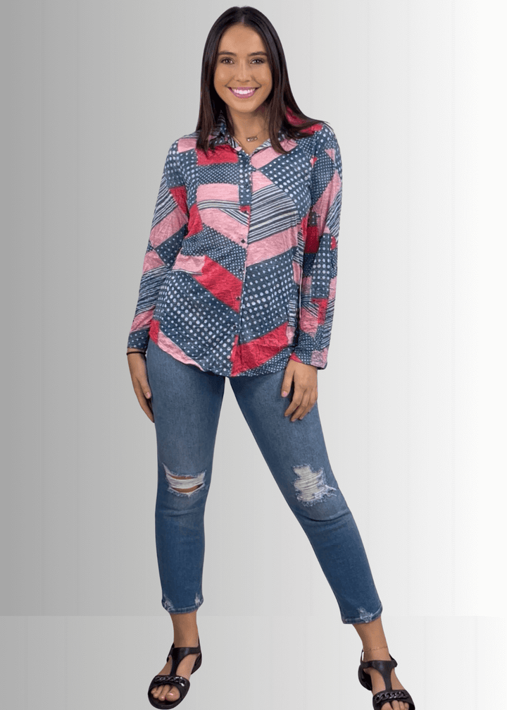 David Cline Patriotic Red, White &amp; Blue Snap Down Crushed Texture Collared Shirt | Made in USA | Classy Cozy Cool Women&