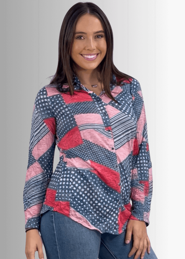 David Cline Patriotic Red, White &amp; Blue Snap Down Crushed Texture Collared Shirt | Made in USA | Classy Cozy Cool Women&