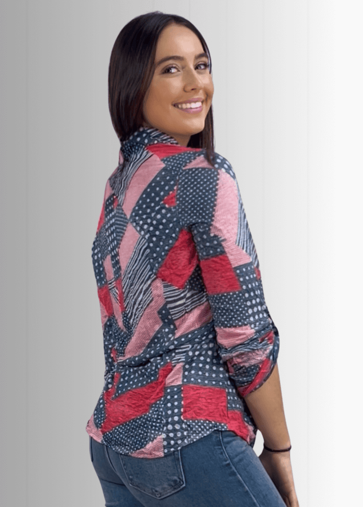 David Cline Patriotic Red, White &amp; Blue Snap Down Crushed Texture Collared Shirt | Made in USA | Classy Cozy Cool Women&