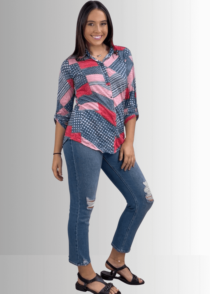 David Cline Patriotic Red, White &amp; Blue Snap Down Crushed Texture Collared Shirt | Made in USA | Classy Cozy Cool Women&